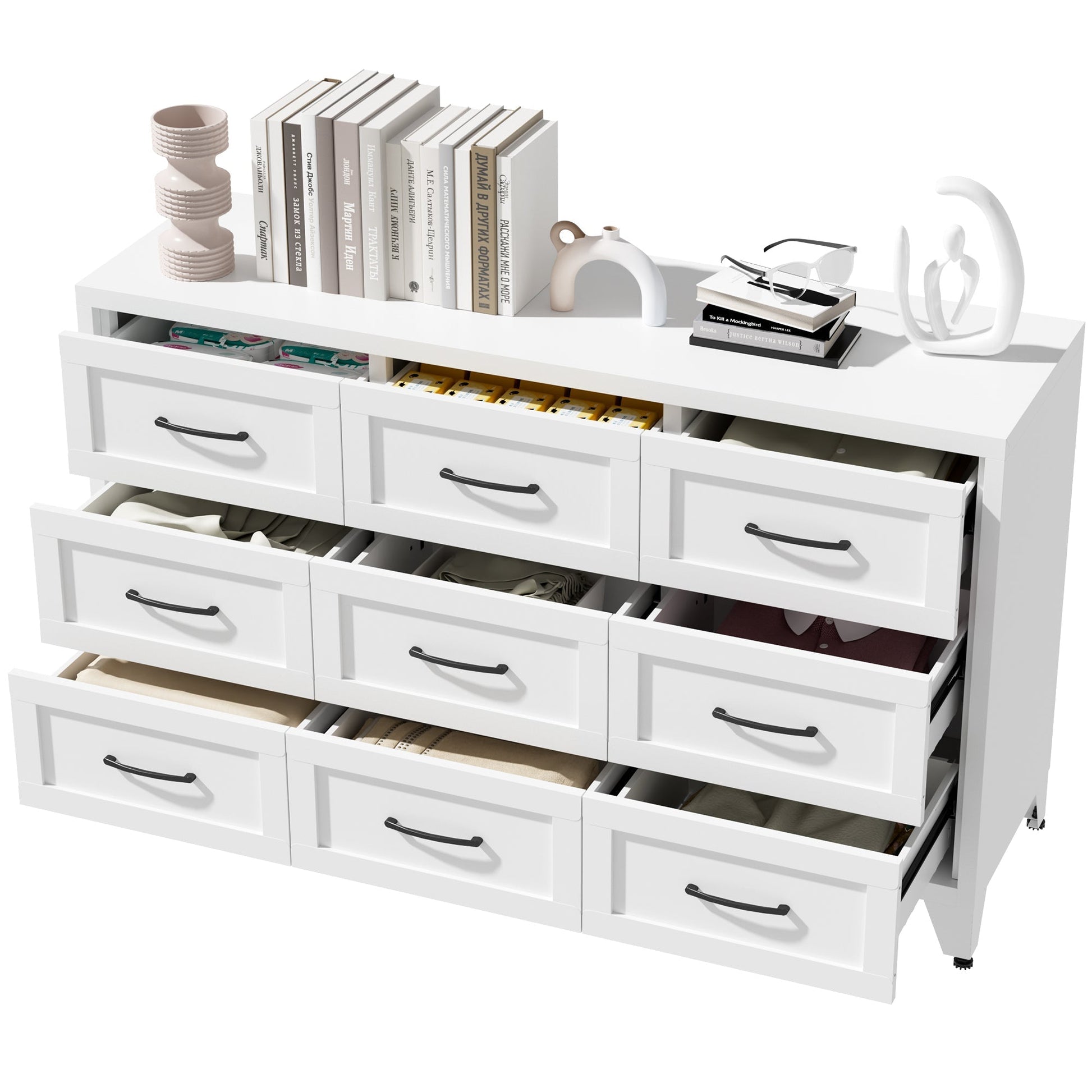White metal 9-drawer dresser with quiet-glide rails by HouseOfZazla; top books and decor on Tampa Home & Garden Store