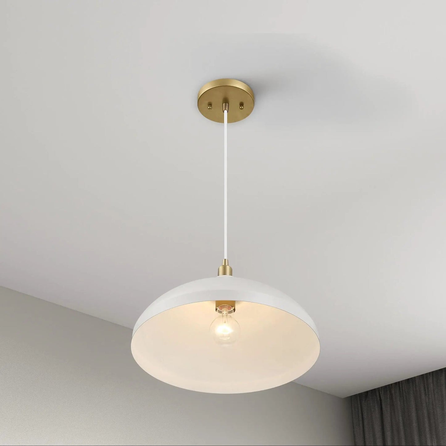 Astral single light pendant lamp in gold and white with brass canopy and white cord on Tampa Home & Garden Store