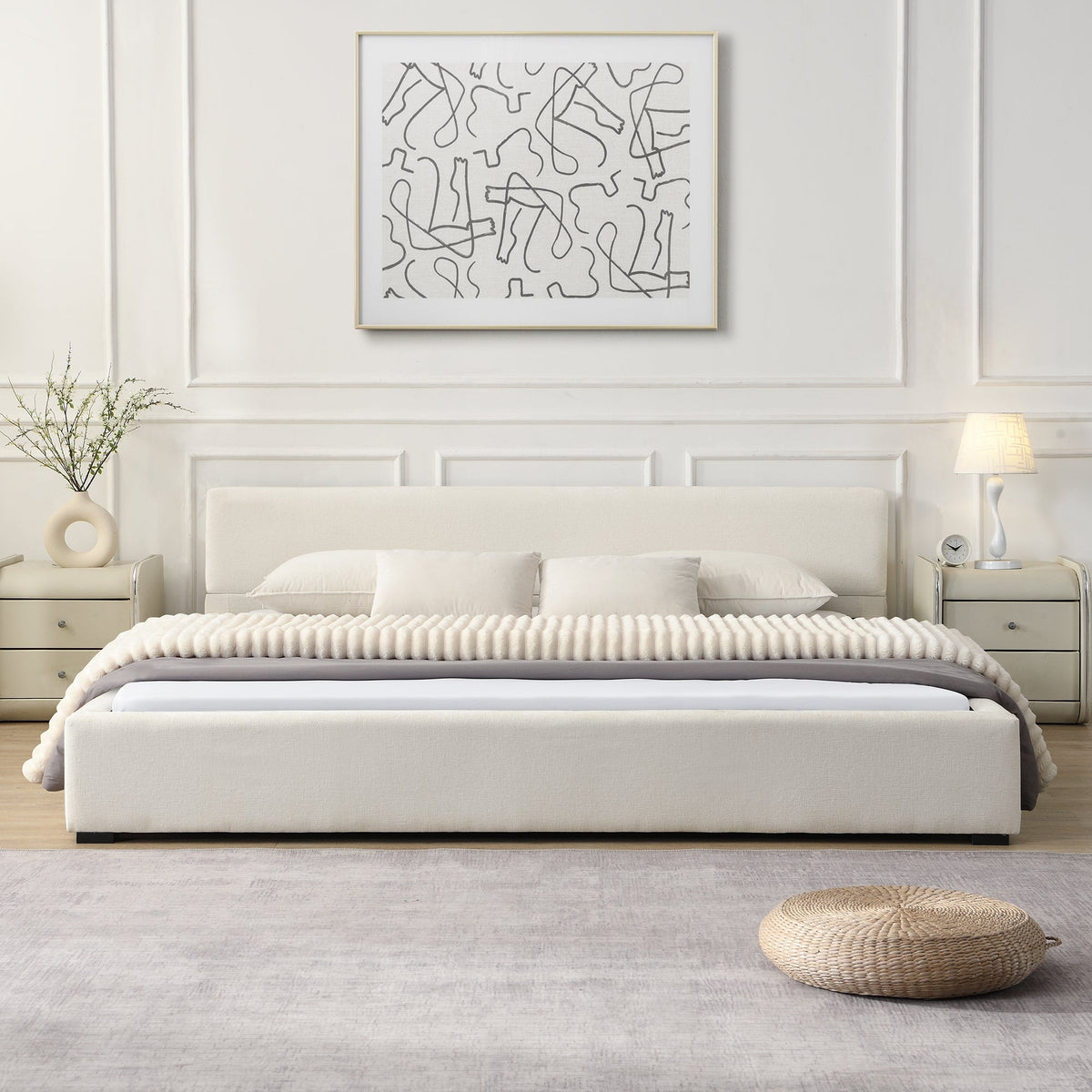 Elegant Upholstered Bed by HouseOfZazla in light grey fabric with padded headboard on Tampa Home & Garden Store