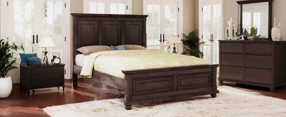 Traditional pinewood king bed frame with tall headboard in rich brown on Tampa Home & Garden Store