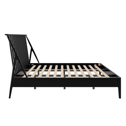 Bohemian Platform Bed With Tall Headboard, black metal frame and wood slats by HouseOfZazla on Tampa Home & Garden Store