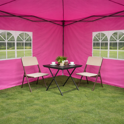 10x10ft pop up gazebo canopy tent HouseOfZazla pink walls beige folding chairs and black table on Tampa Home & Garden Store