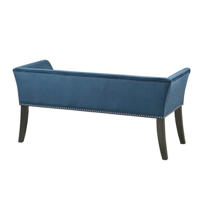 Welburn Upholstered Bench with Low Back and Flared Arms, blue fabric on Tampa Home & Garden Store
