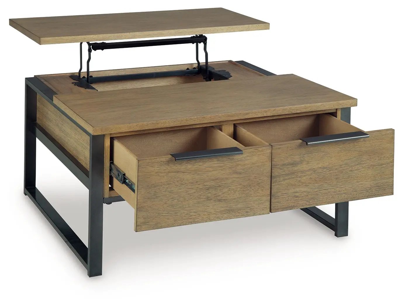 Montia Table lift-top cocktail table with oak veneer top and black metal frame, 2 front drawers on Tampa Home & Garden Store