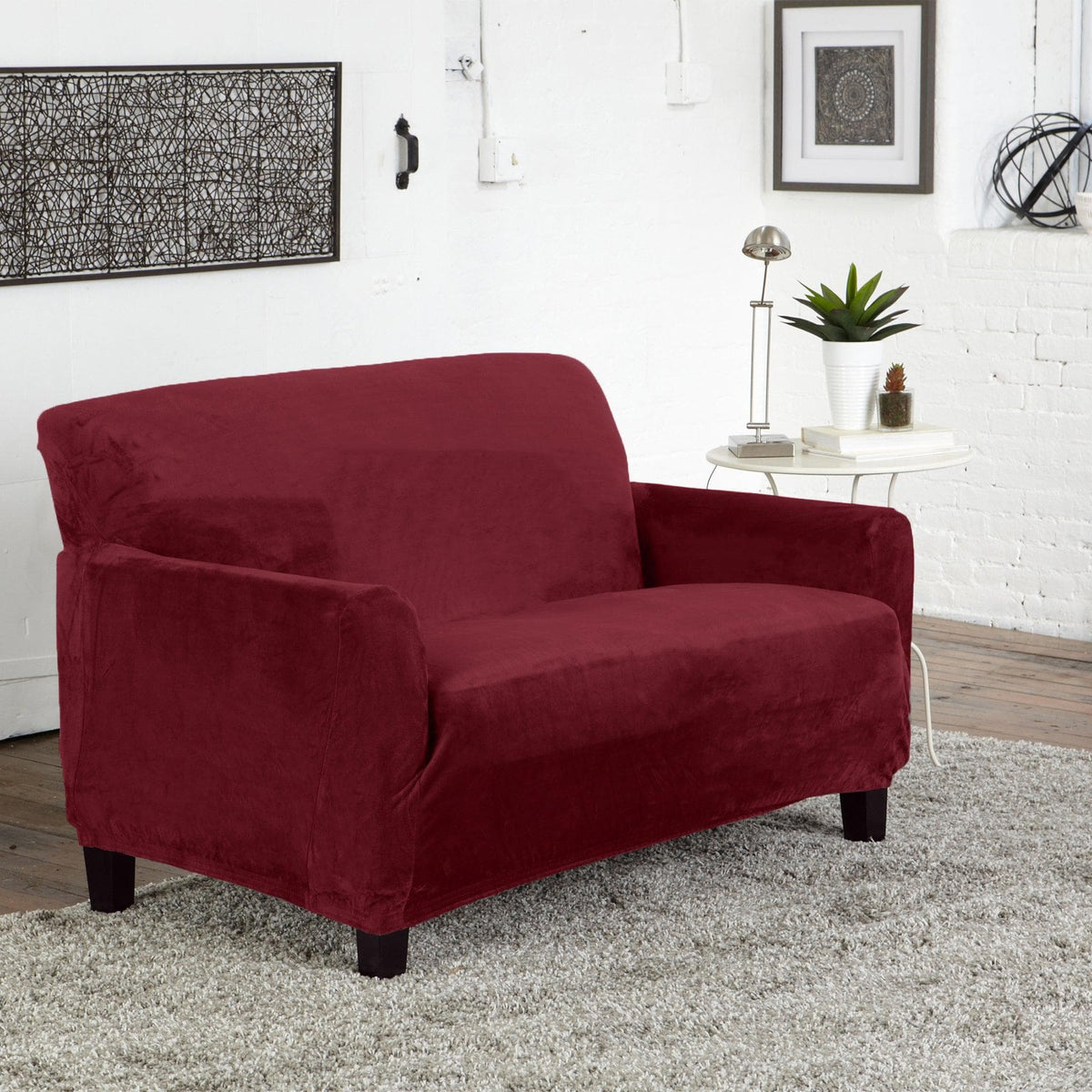 Velvet Stretch Slipcover Gale Collection red burgundy sofa cover by Great Bay Home on Tampa Home & Garden Store