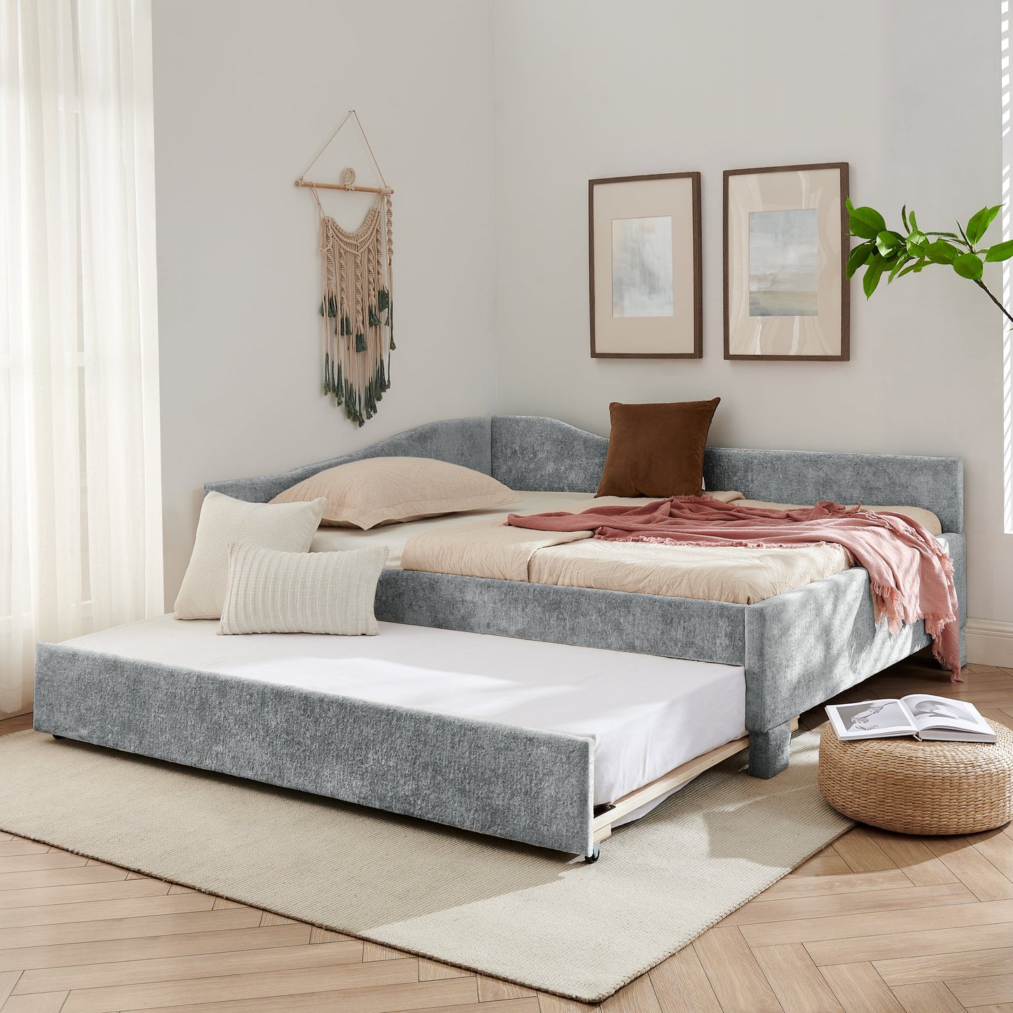 Full Size Curved Round Edge Padded Backrest Daybed gray upholstered frame by HouseOfZazla on Tampa Home & Garden Store