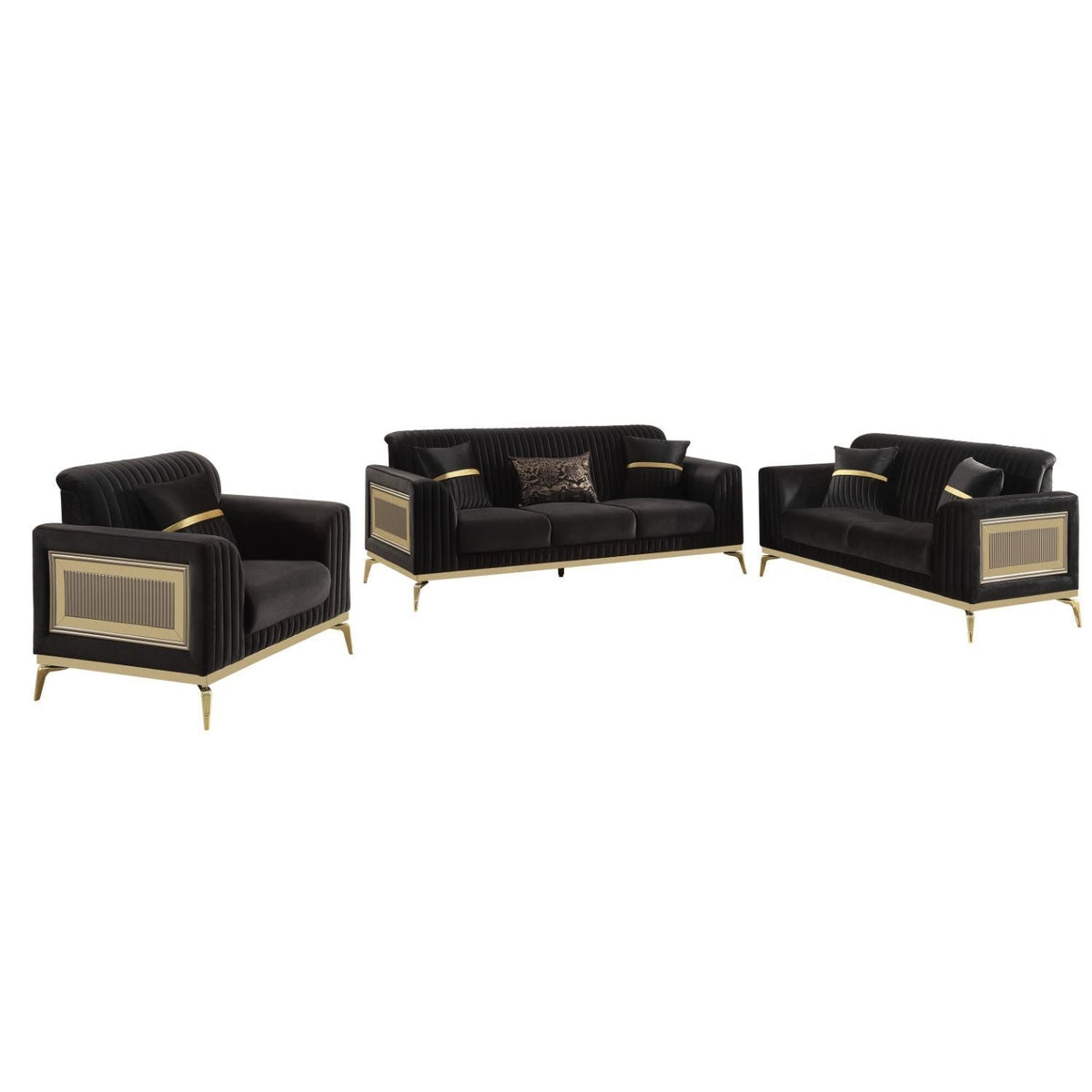 Antigua 3-piece black velvet living room set with gold metal accents by HouseOfZazla on Tampa Home & Garden Store