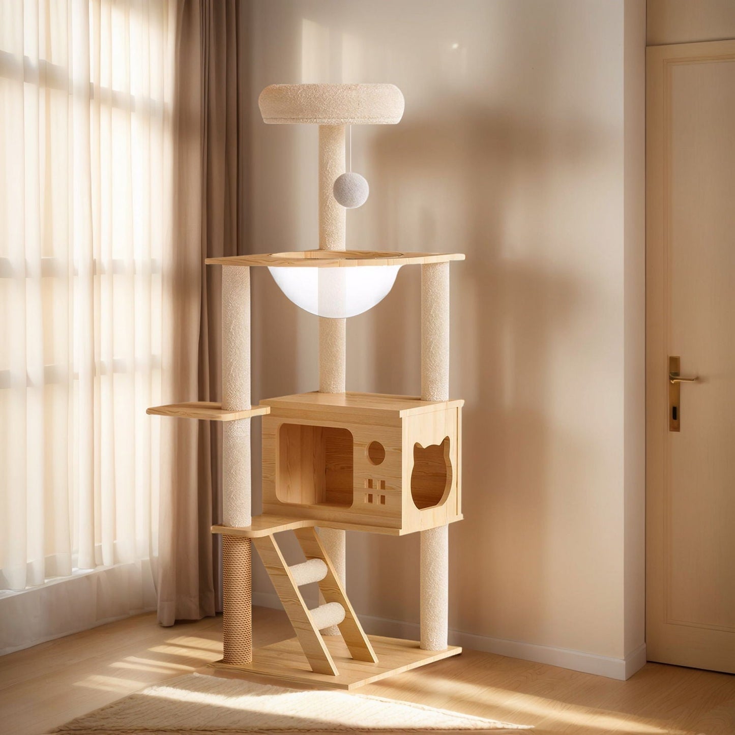 Modern wood cat tower with sisal posts, top perch, and a hanging ball toy in natural wood on Tampa Home & Garden Store