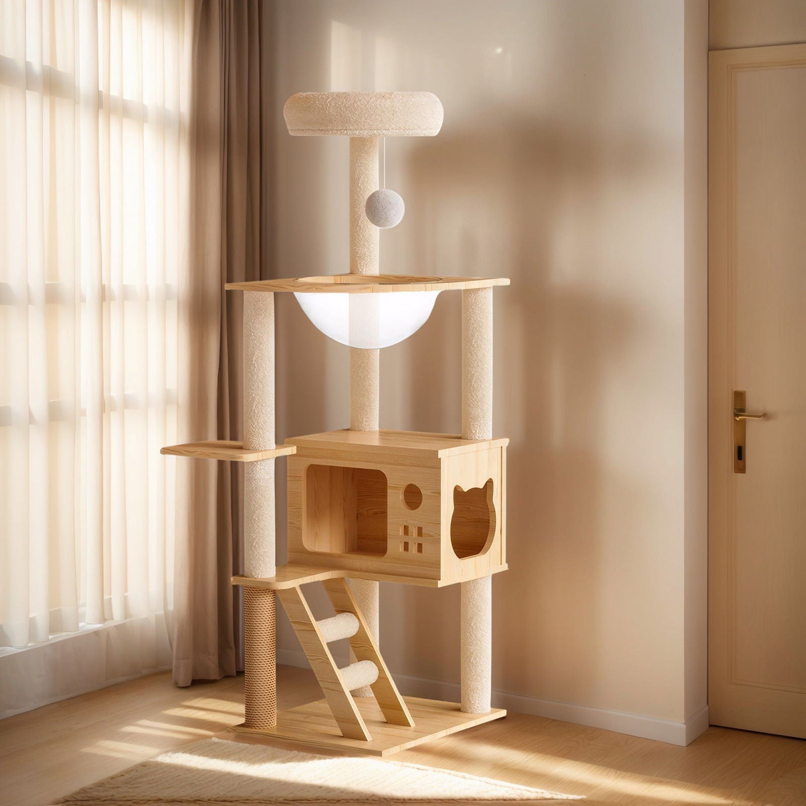 Modern wood cat tower with sisal posts, top perch, and a hanging ball toy in natural wood on Tampa Home & Garden Store