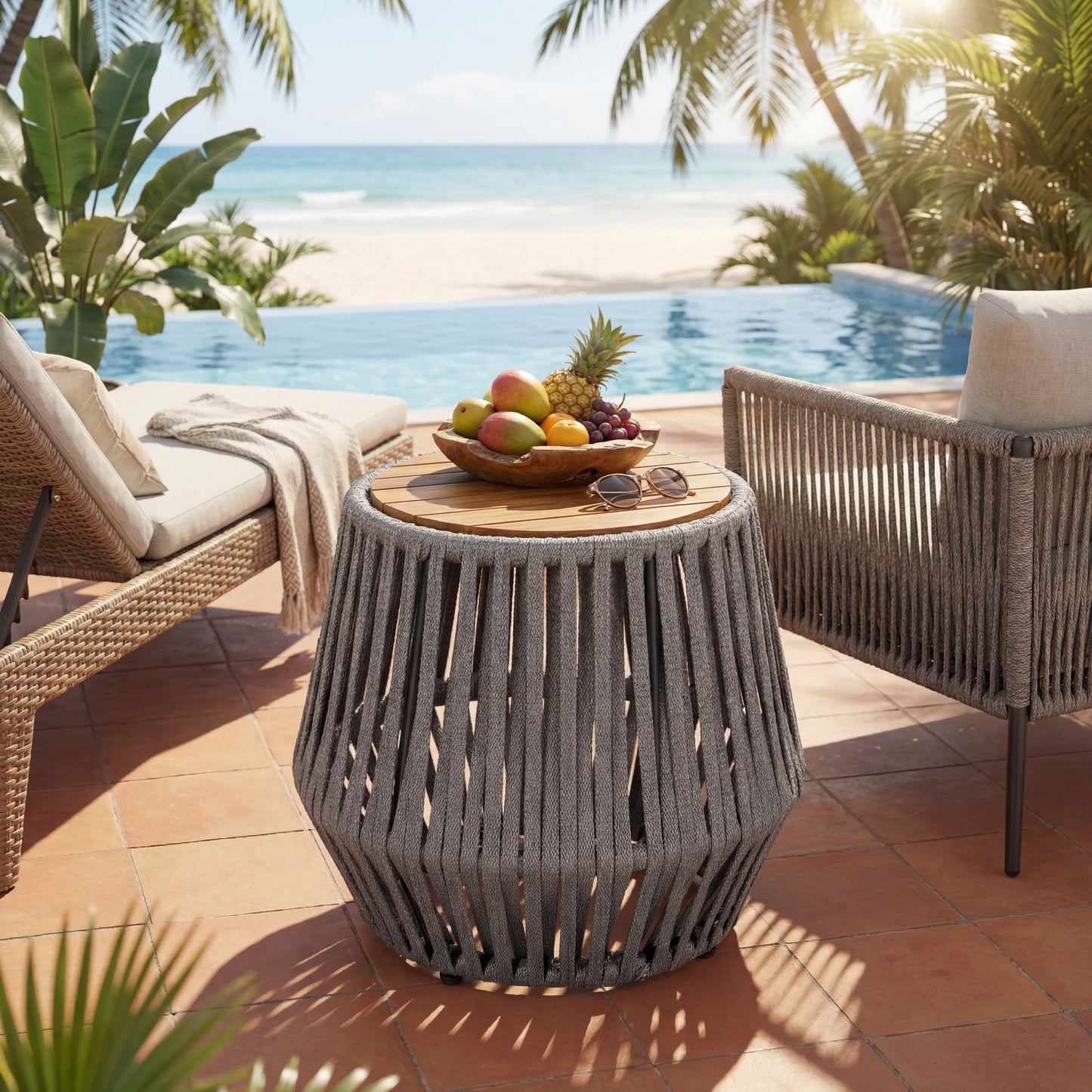 Outdoor Acacia Wood Side Table and Grey Rope