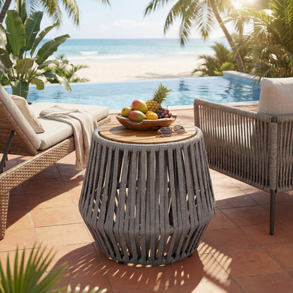 Outdoor Acacia Wood Side Table and Grey Rope