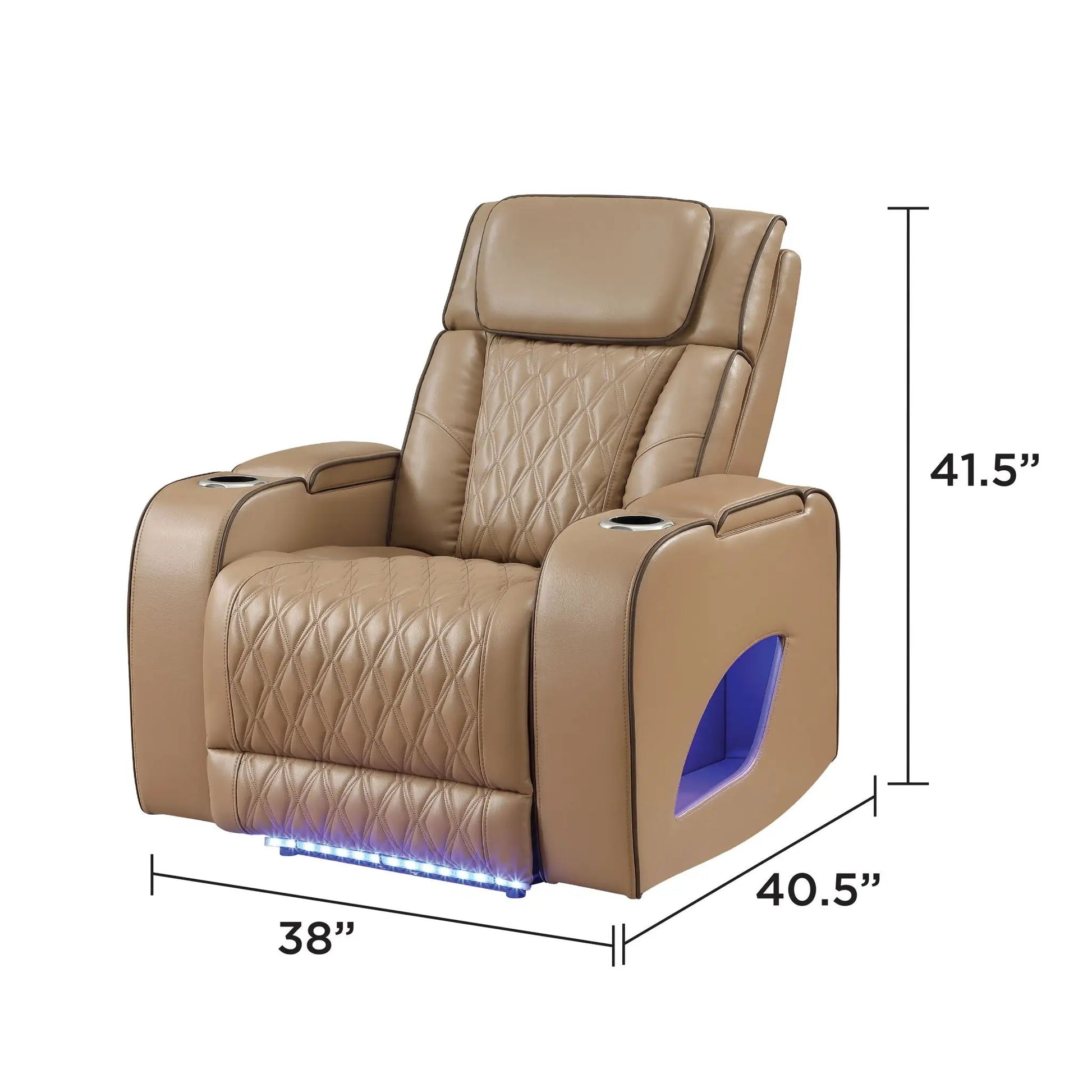 Fortuner Power Reclining Chair in tan leather with diamond quilting and cup holders on Tampa Home & Garden Store