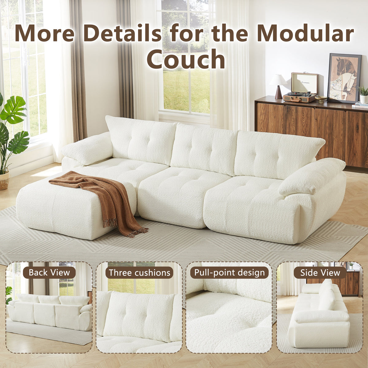 115'' Large Modern 3-Seater Sofa in light beige textured fabric, modular design by HouseOfZazla on Tampa Home & Garden Store