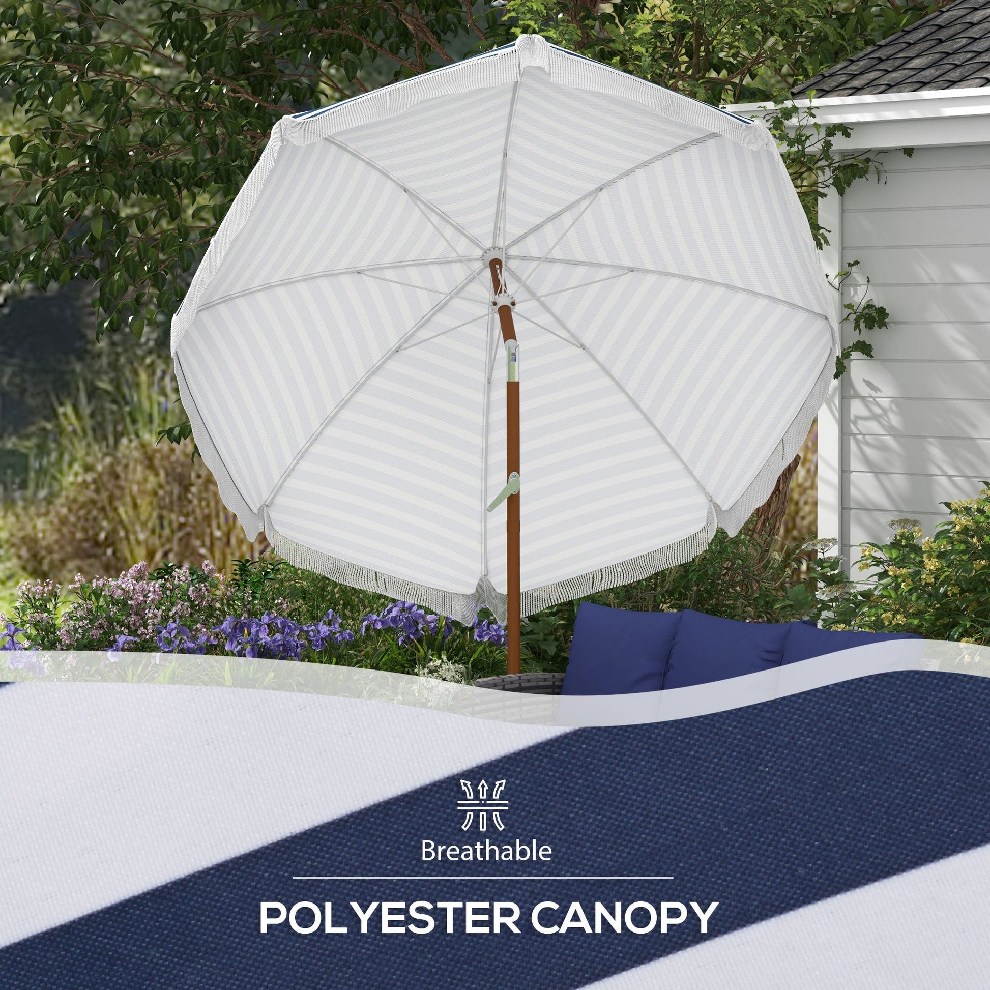 Outsunny 7x7 ft outdoor patio umbrella with tilt and vent, white striped polyester canopy on Tampa Home & Garden Store