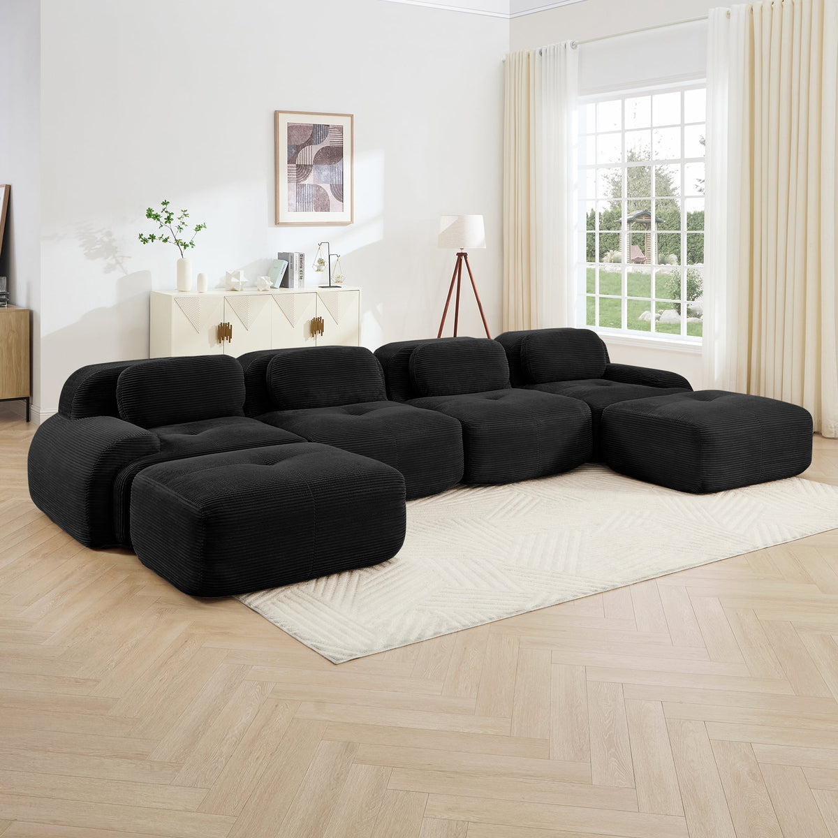 U-Shaped modular sofa in black breathable corduroy by HouseOfZazla on Tampa Home & Garden Store
