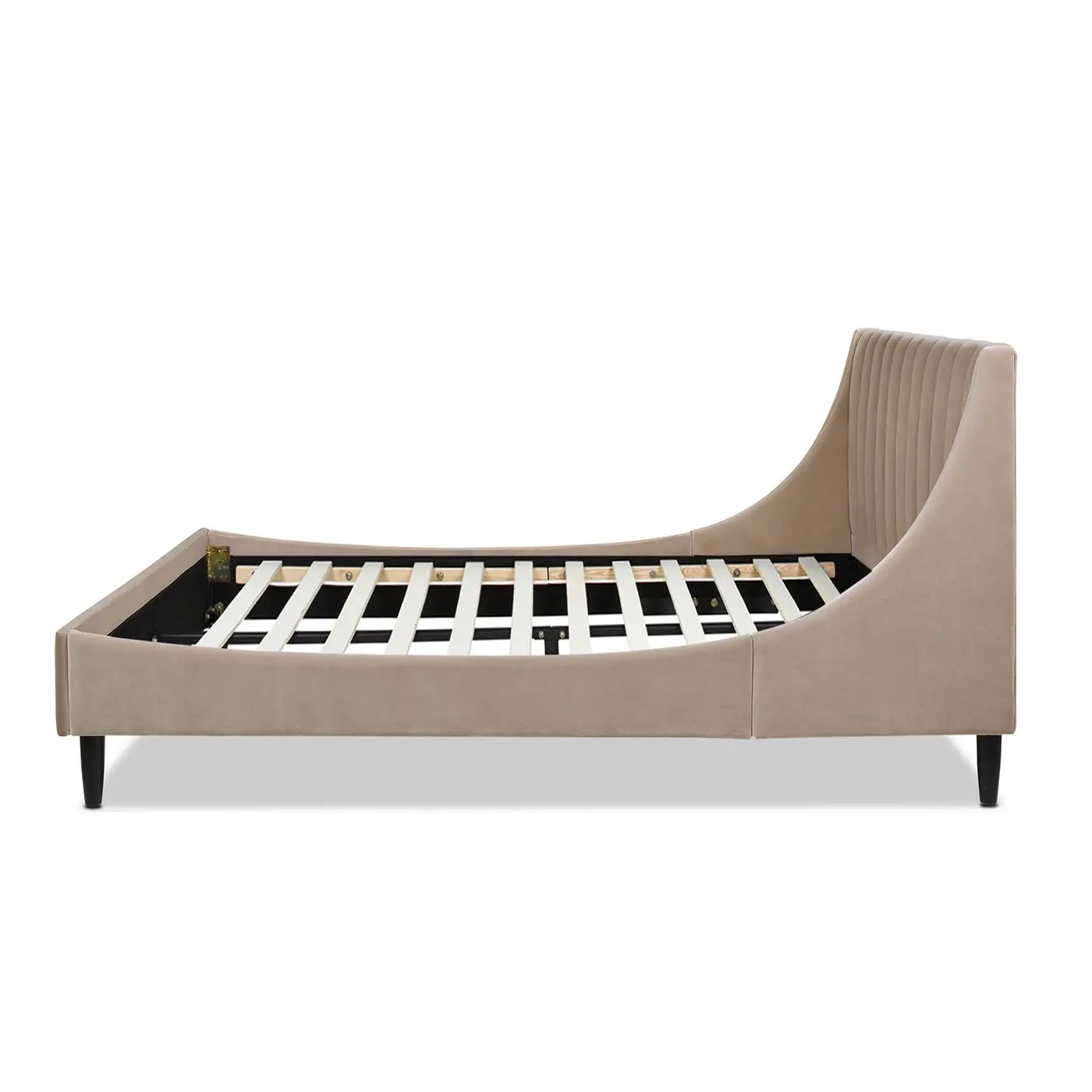 Aspen upholstered bed with vertical tufting and curved headboard, platform slat bed on Tampa Home & Garden Store