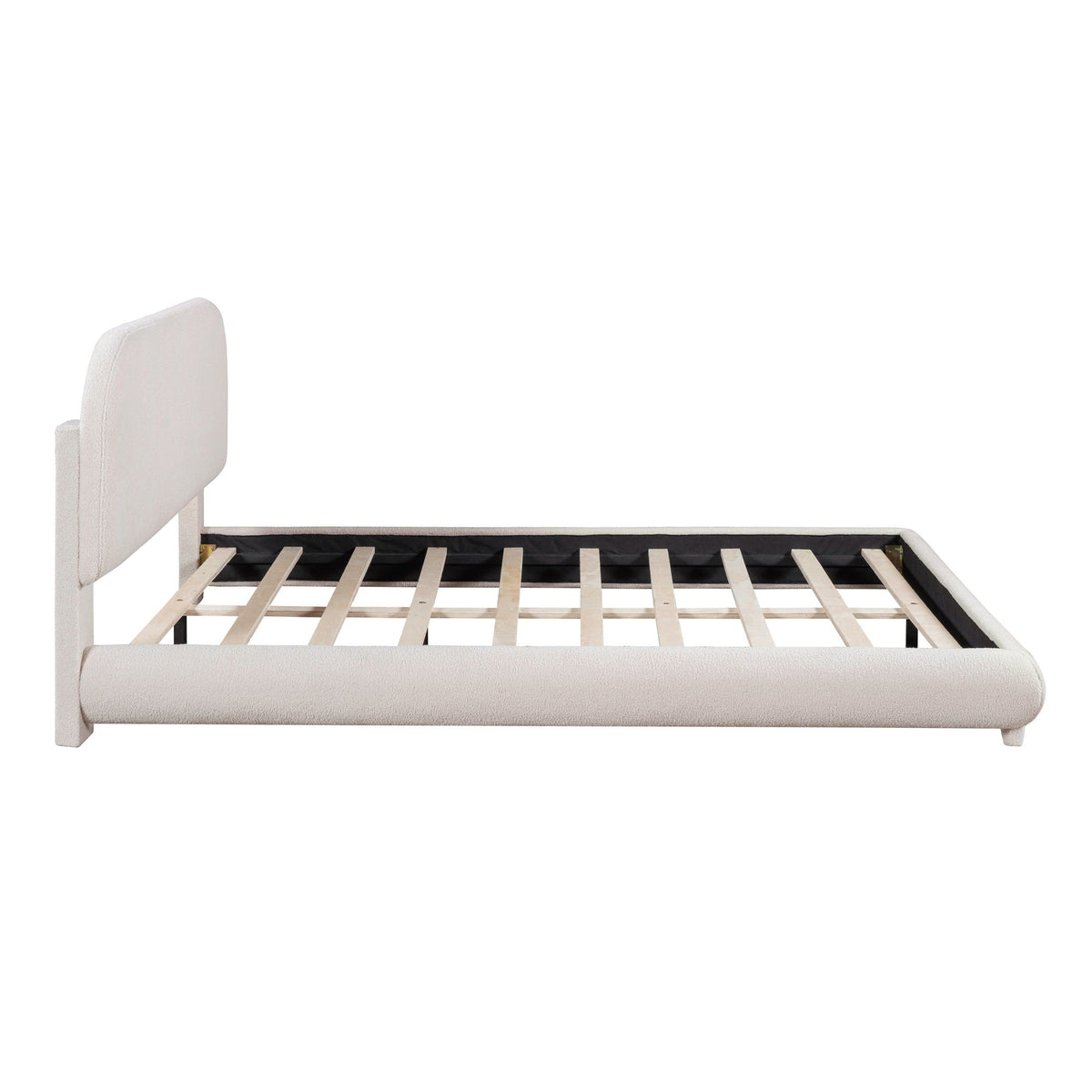 Upholstered bed frame with thick solid base and curved cream headboard, slatted platform on Tampa Home & Garden Store