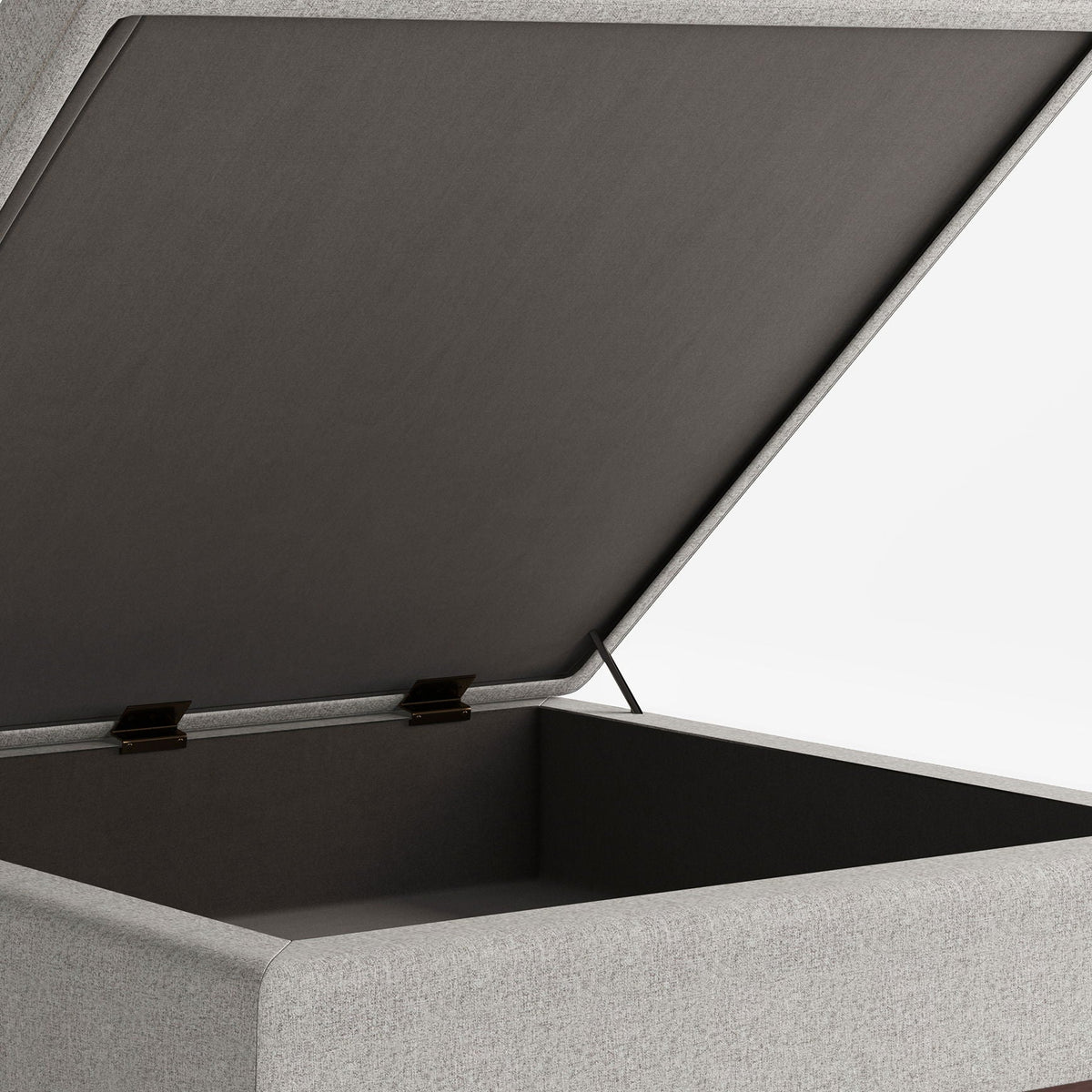 Square lift-top storage ottoman with gray fabric exterior and dark interior, metal hinges on Tampa Home & Garden Store