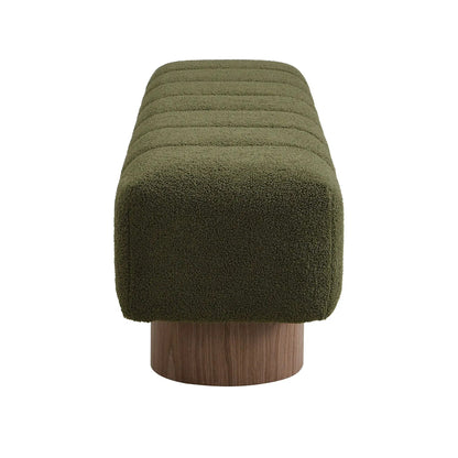 Upholstered dining bench olive boucle fabric with ribbed tufting and wooden leg on Tampa Home & Garden Store