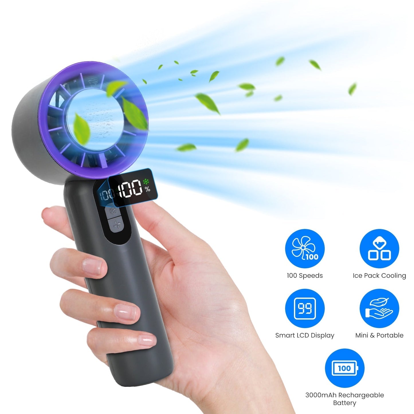 GemGear 100-Speed Handheld Fan with LCD display, 3000mAh battery, purple ring on Tampa Home & Garden Store