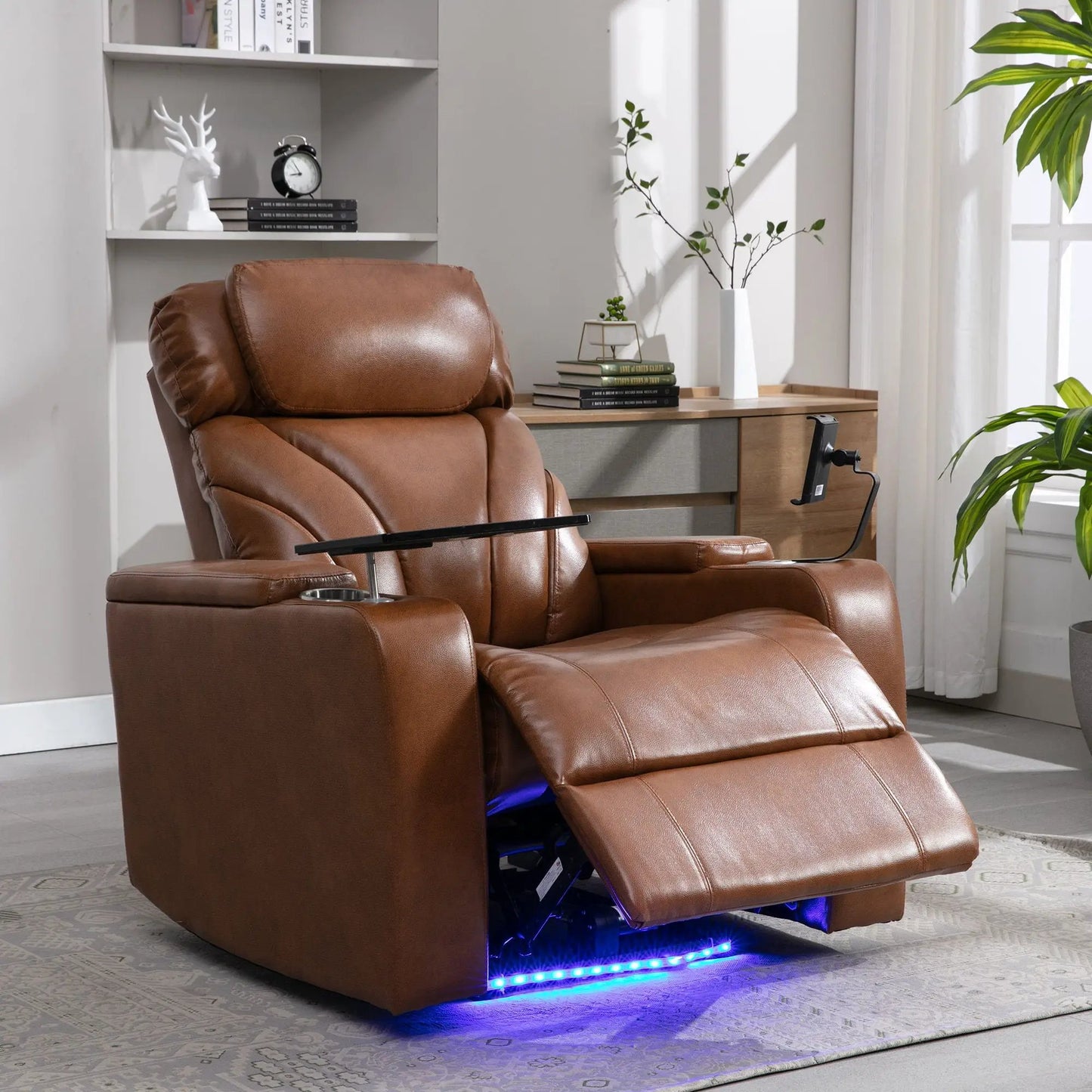 Power motion recliner in brown leather with USB charging, storage and cup holder speaker on Tampa Home & Garden Store