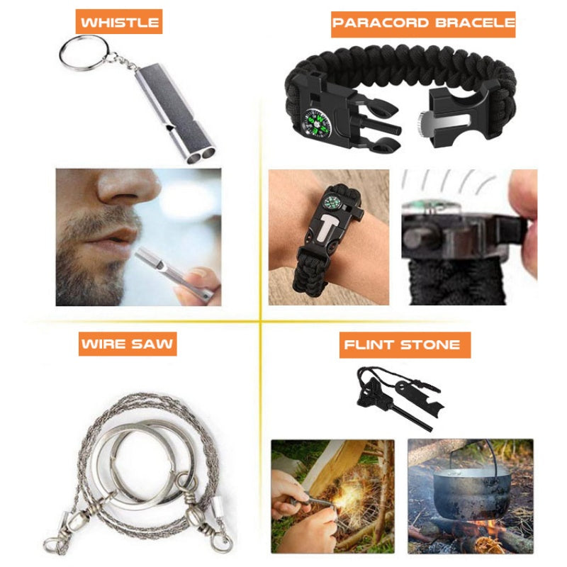 Outdoor survival tool set with whistle, paracord bracelet, wire saw, flint stone on Tampa Home & Garden Store