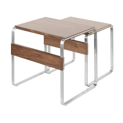 Mid-Century Modern nesting tables with walnut wood tops and chrome frames, two-piece set on Tampa Home & Garden Store