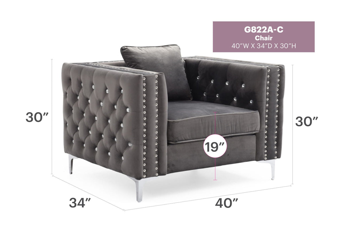 Paige tufted arm chair by HouseOfZazla, gray velvet with diamond buttons on Tampa Home & Garden Store