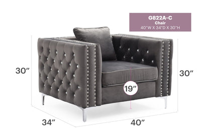 Paige tufted arm chair by HouseOfZazla, gray velvet with diamond buttons on Tampa Home & Garden Store