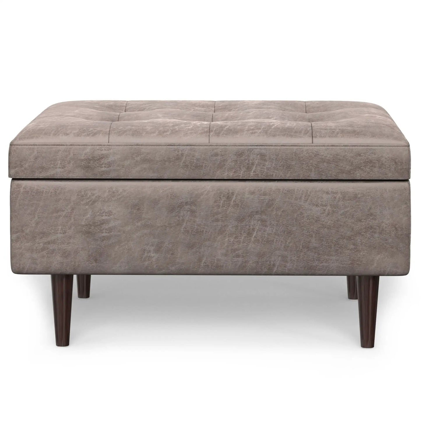 Shay large square storage ottoman with tufted taupe upholstery and dark tapered wood legs on Tampa Home & Garden Store