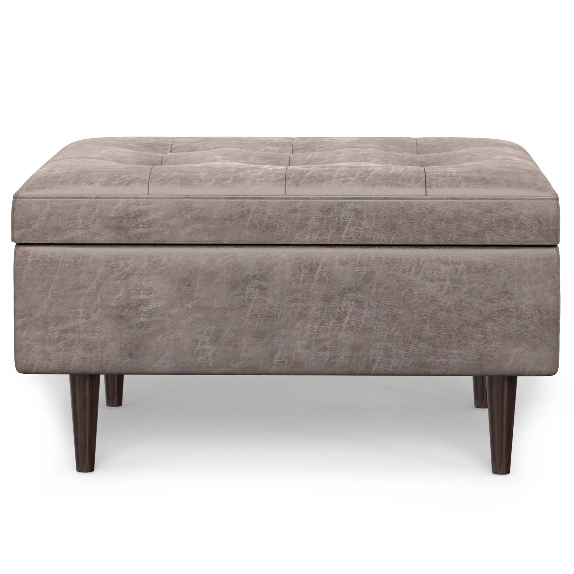 Shay large square storage ottoman with tufted taupe upholstery and dark tapered wood legs on Tampa Home & Garden Store