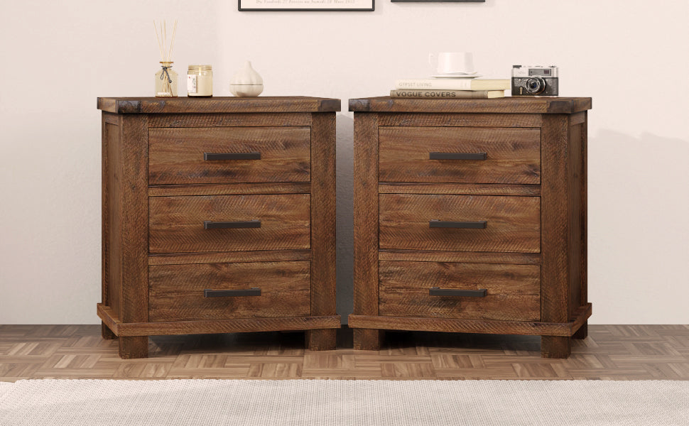 Rustic three-drawer reclaimed wood farmhouse nightstands set of two with metal pulls on Tampa Home & Garden Store