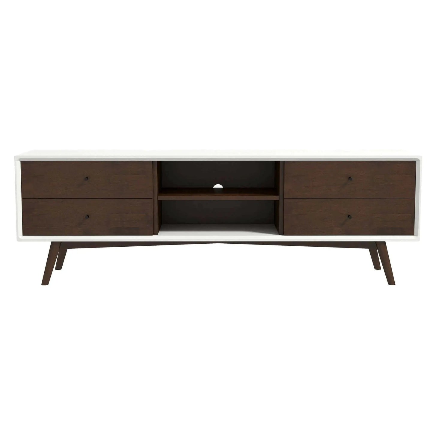 Caroline Modern TV Stand up to 72in, white frame with dark wood drawers and central open shelf on Tampa Home & Garden Store