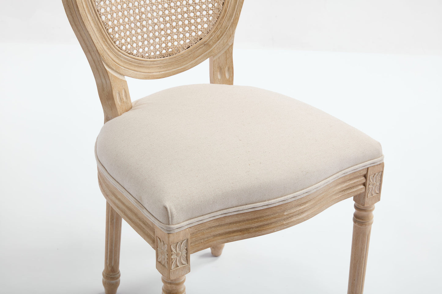 French Country dining chairs set of 2 with rattan back and beige upholstered seats on Tampa Home & Garden Store