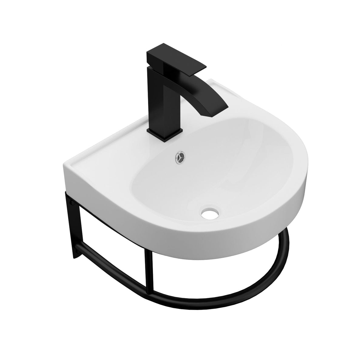 Wall mounted bathroom sink with white ceramic basin and matte black faucet on a black frame on Tampa Home & Garden Store