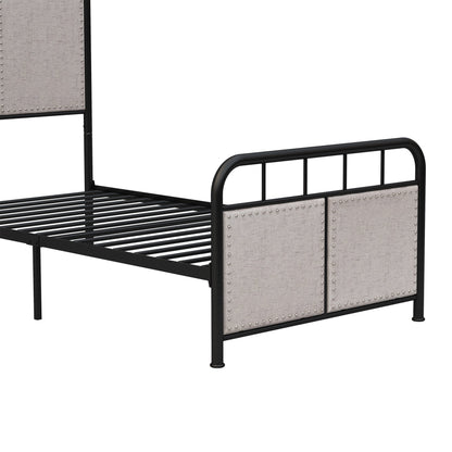 Twin Linen Upholstered Platform Metal Bed Frame with beige fabric panels and black rails on Tampa Home & Garden Store