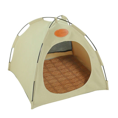 Foldable Cat Outdoor Tent beige canvas with round entry, woven mat floor Sell My Stuff on Tampa Home & Garden Store
