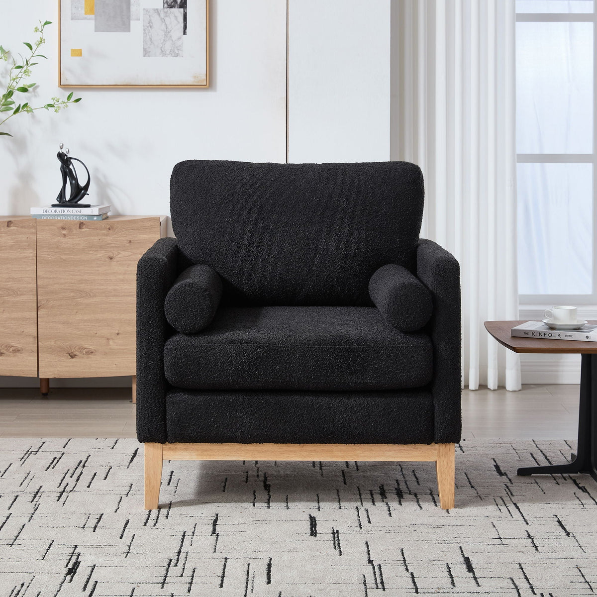 Wide Modern Performance Accent Chair with natural wood legs in black upholstery on Tampa Home & Garden Store