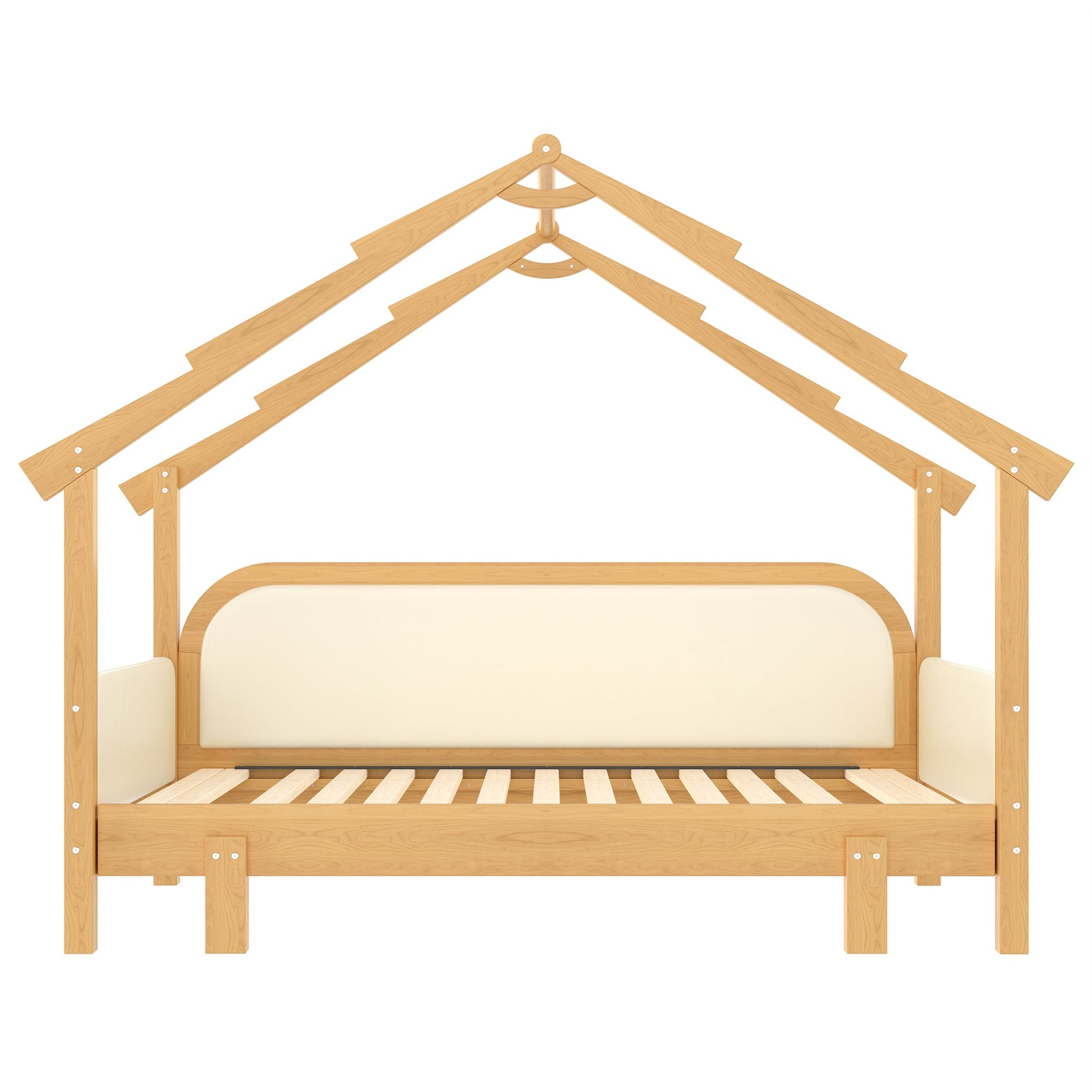 Twin Size Wood Treehouse Bed with Soft Cushion Rails in natural wood finish on Tampa Home & Garden Store
