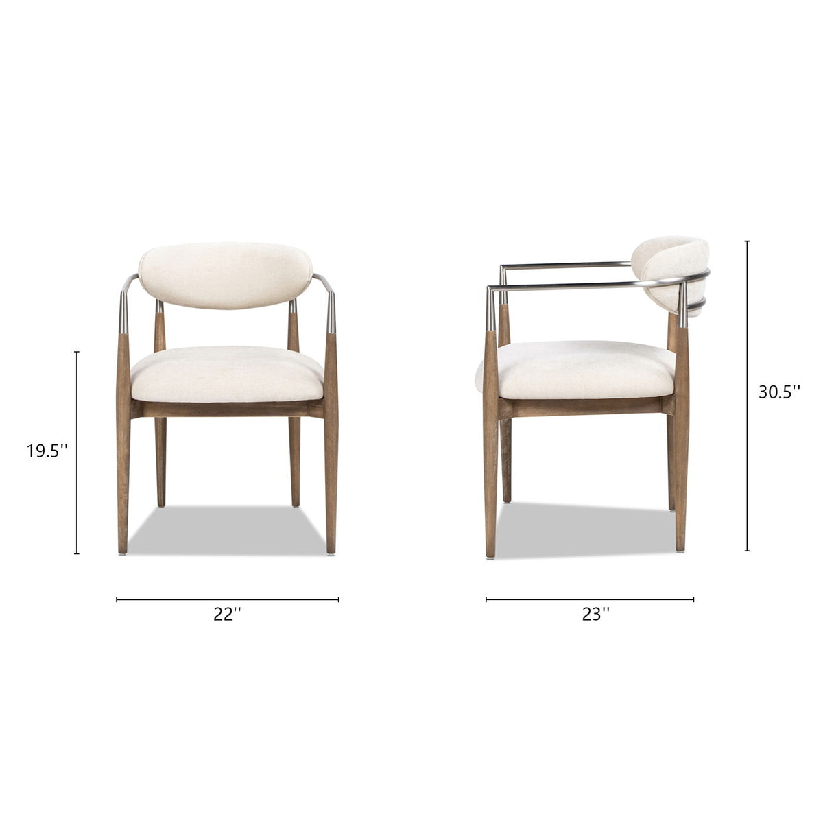 Artemis upholstered dining armchairs with brushed nickel arms in warm white, set on Tampa Home & Garden Store