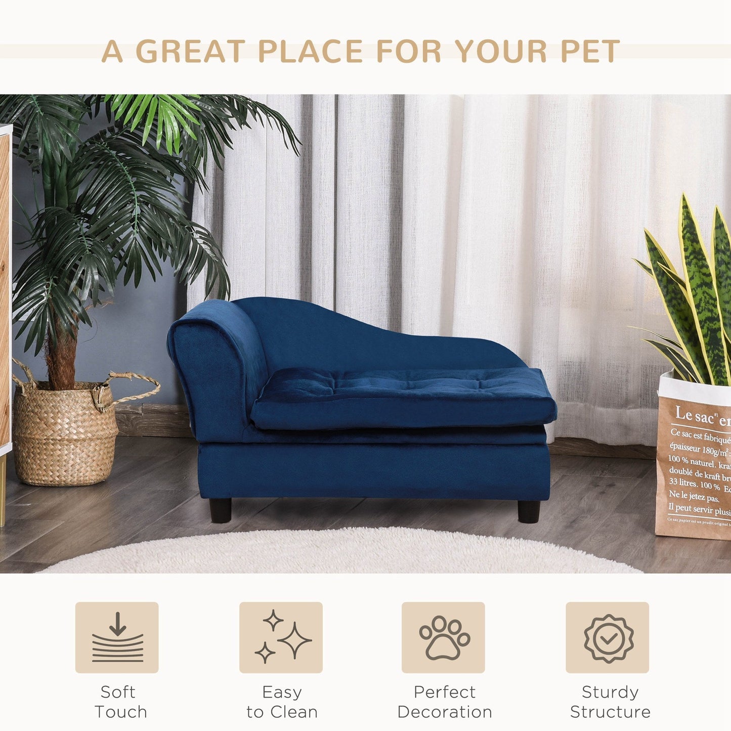 PawHut luxury dog bed for small dogs blue upholstered with hidden storage on Tampa Home & Garden Store
