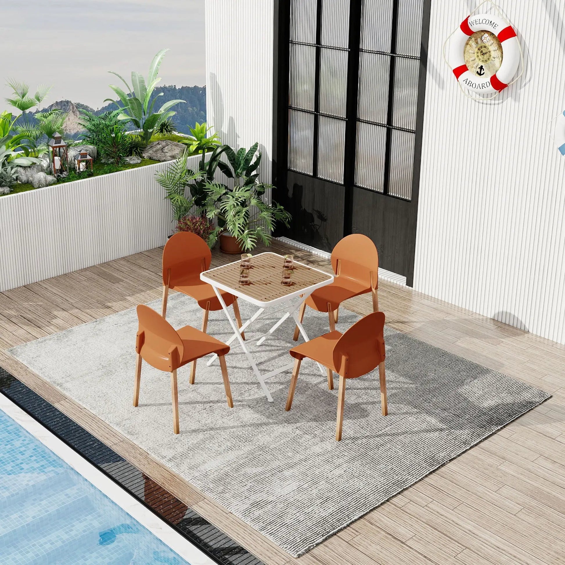 Outdoor dining set: 4 orange chairs with a white folding square table on a wooden deck by pool on Tampa Home & Garden Store