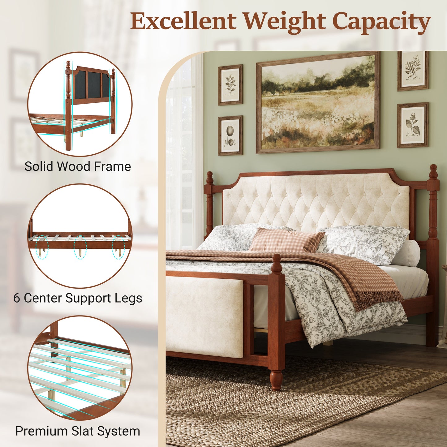 King Size Upholstered Bed with Button Tufted Headboard, solid wood frame by HouseOfZazla on Tampa Home & Garden Store