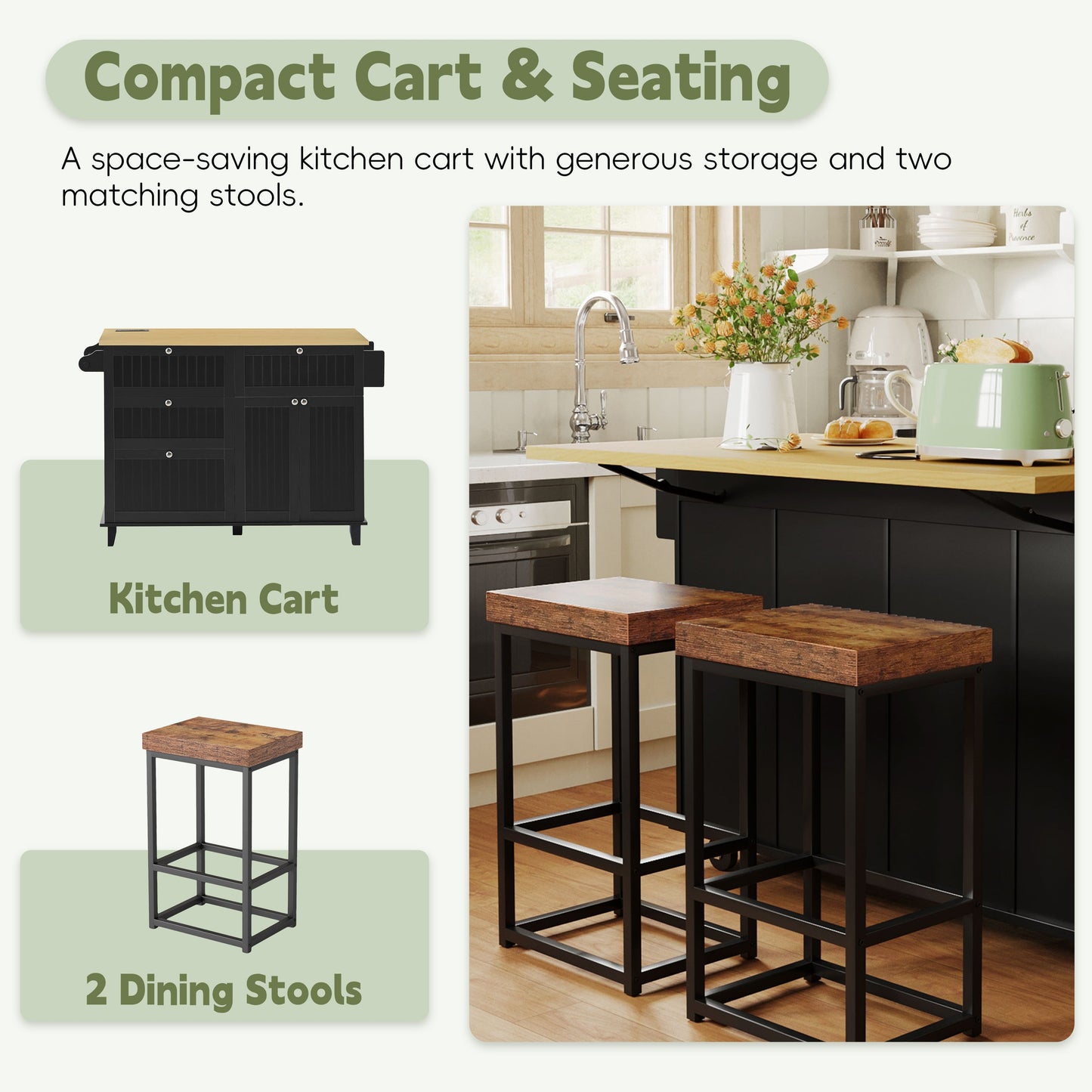 Farmhouse Kitchen Island With Drop Leaf and Seats
