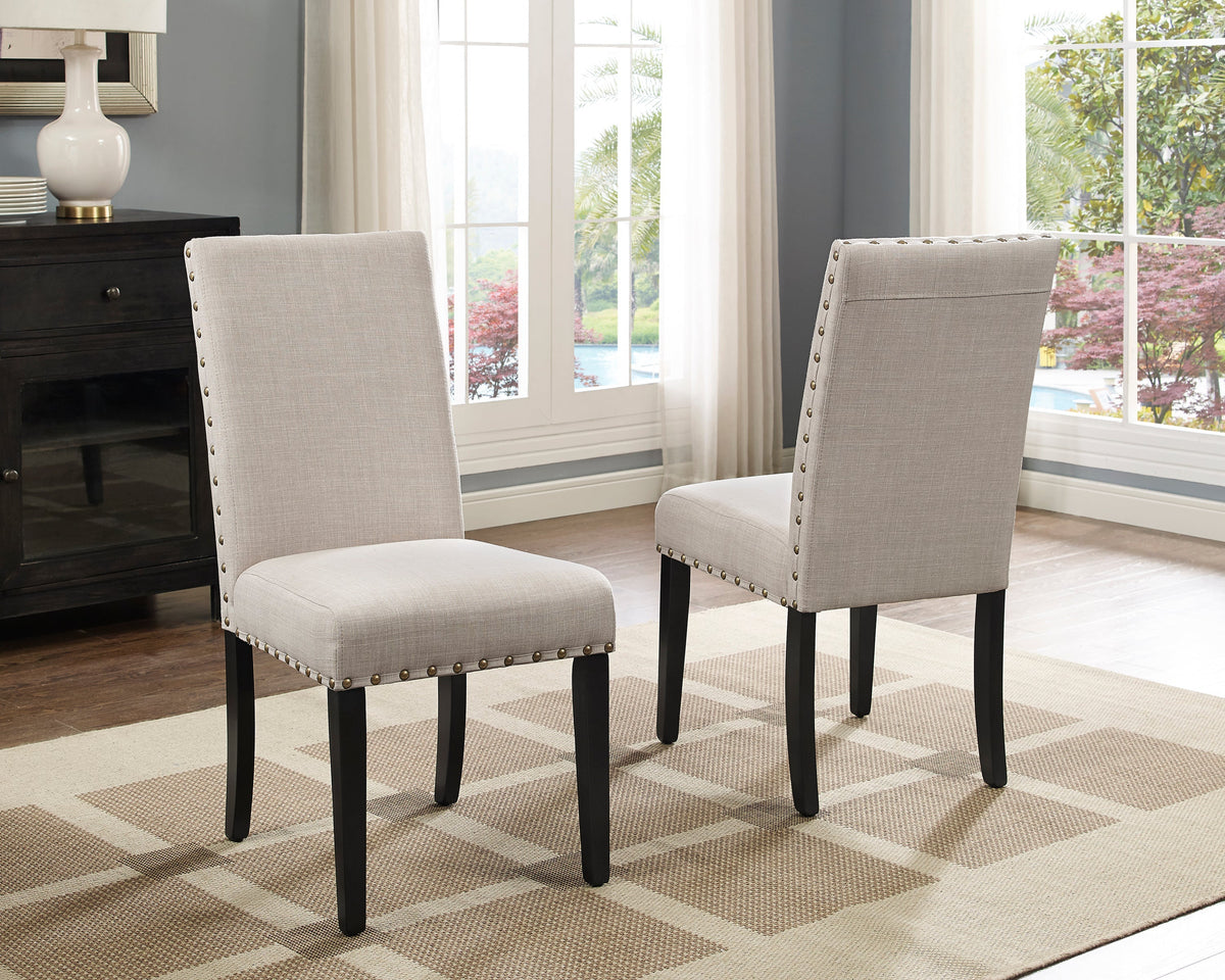 Espresso Wood 5-Piece Dining Set with Nailhead Chairs - Tan fabric, two black-legged chairs on Tampa Home & Garden Store