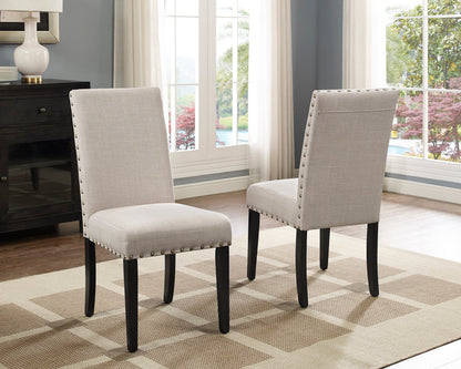 Espresso Wood 5-Piece Dining Set with Nailhead Chairs - Tan fabric, two black-legged chairs on Tampa Home & Garden Store