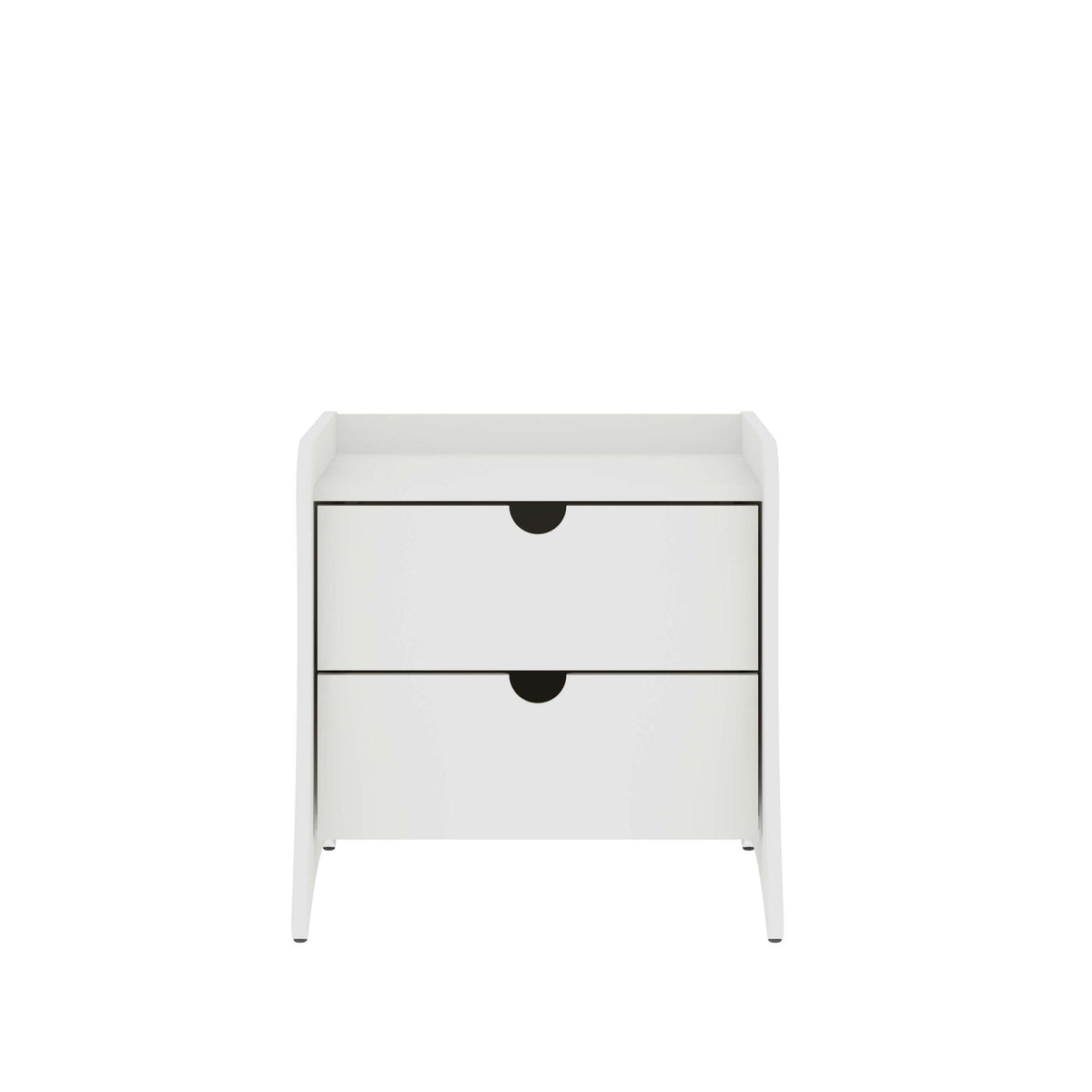 Mid-Century Modern Nightstand with Dual Drawers in white finish with circular black pulls on Tampa Home & Garden Store