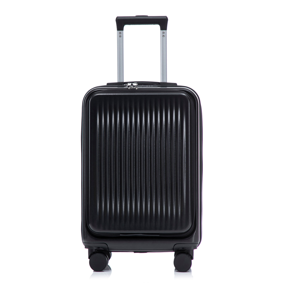 Black ABS spinner suitcase with ribbed exterior, silver telescoping handle, two wheels on Tampa Home & Garden Store