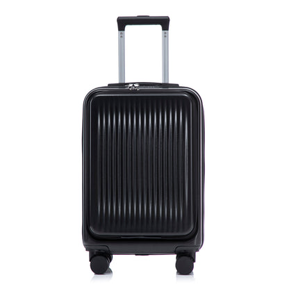 Black ABS spinner suitcase with ribbed exterior, silver telescoping handle, two wheels on Tampa Home & Garden Store