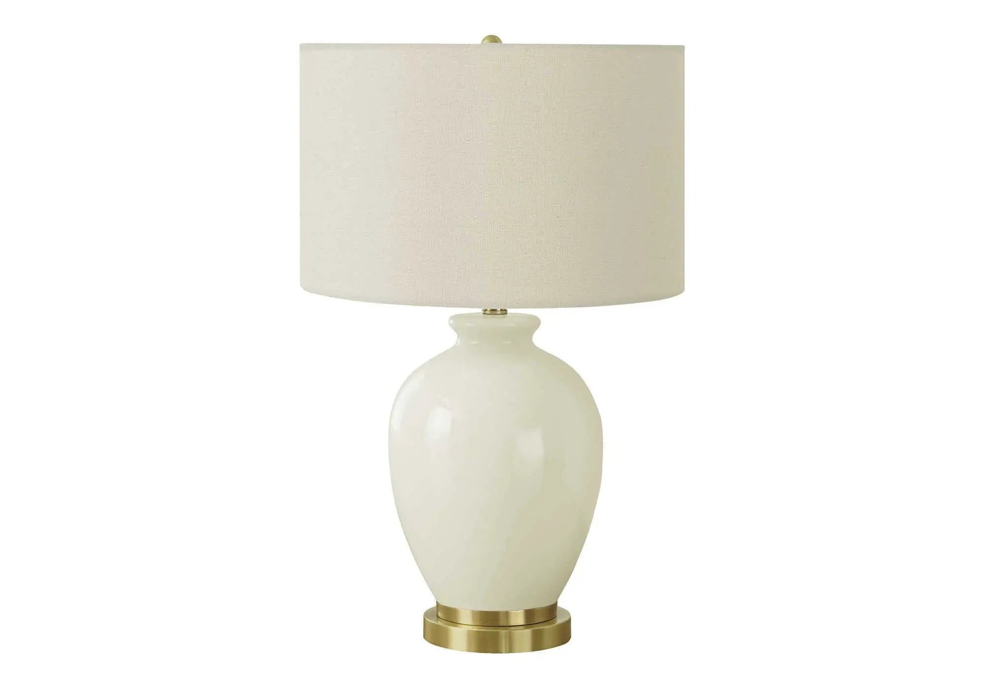 Table lamp cream shade with glossy white ceramic base and brass accents on Tampa Home & Garden Store
